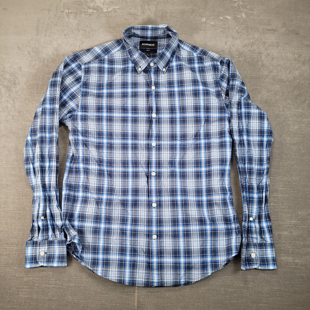 Bonobos Mens L‎ Slim Fit Button Down Shirt Blue Plaid Long Sleeve Cotton